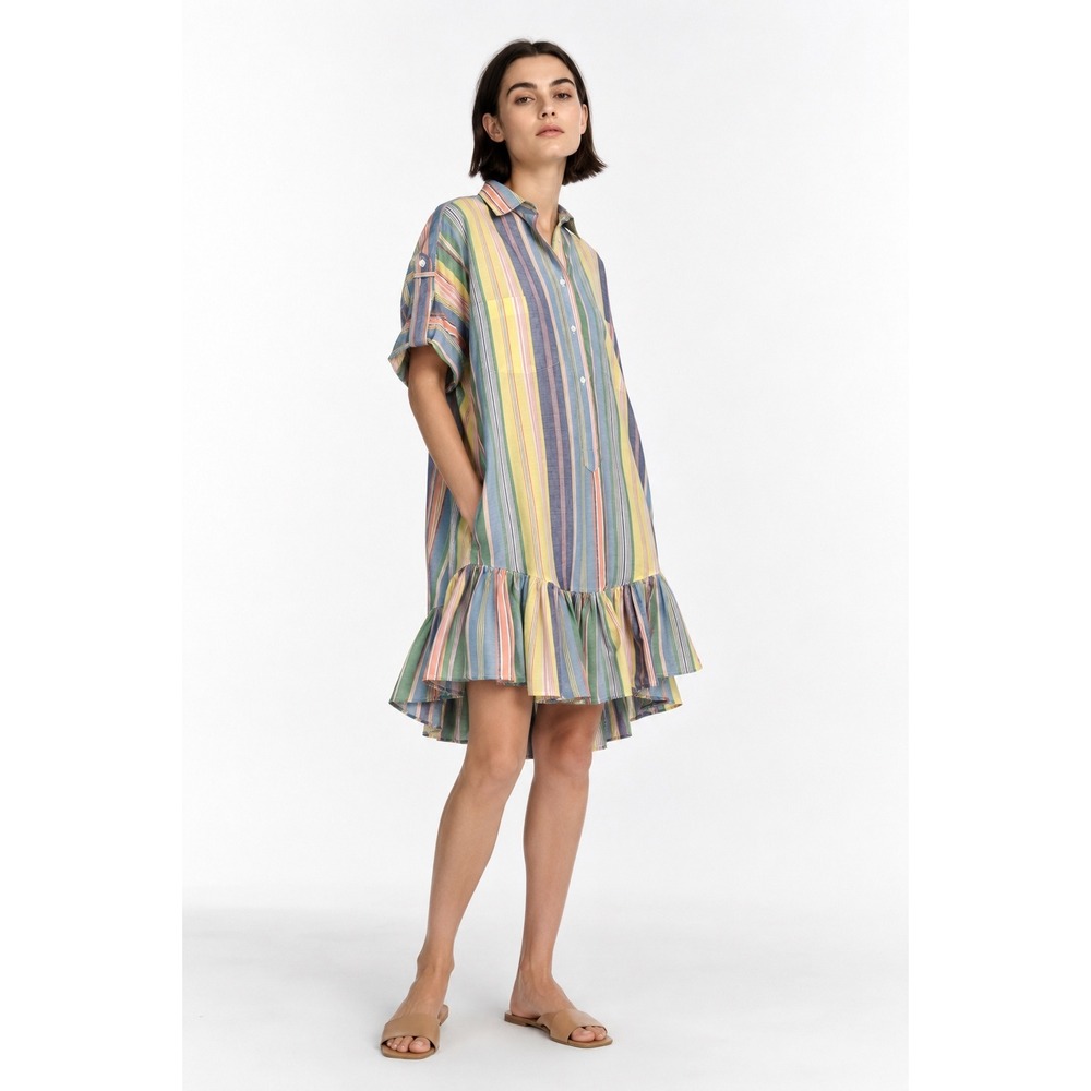 Sara Roka Chloe Mini Dress Multi Color Striped Ruffle Hem Cotton Poplin S